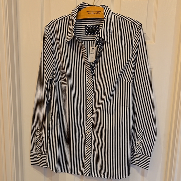 Talbots Tops - Talbots Navy and White Striped Button Down Blouse With Polkadot Trim